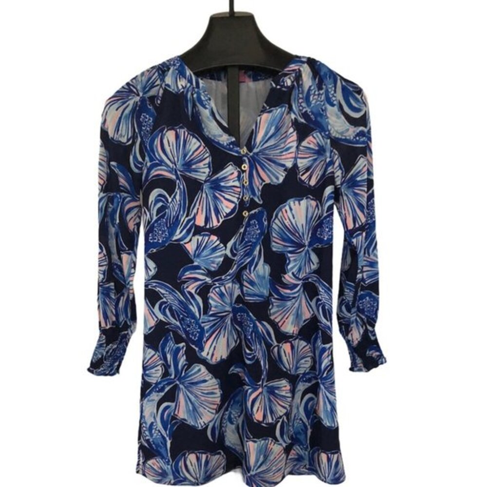 Lilly Pulitzer Navy Blue Pink Betta Fish Print Tunic Dress Gold Button Smocked